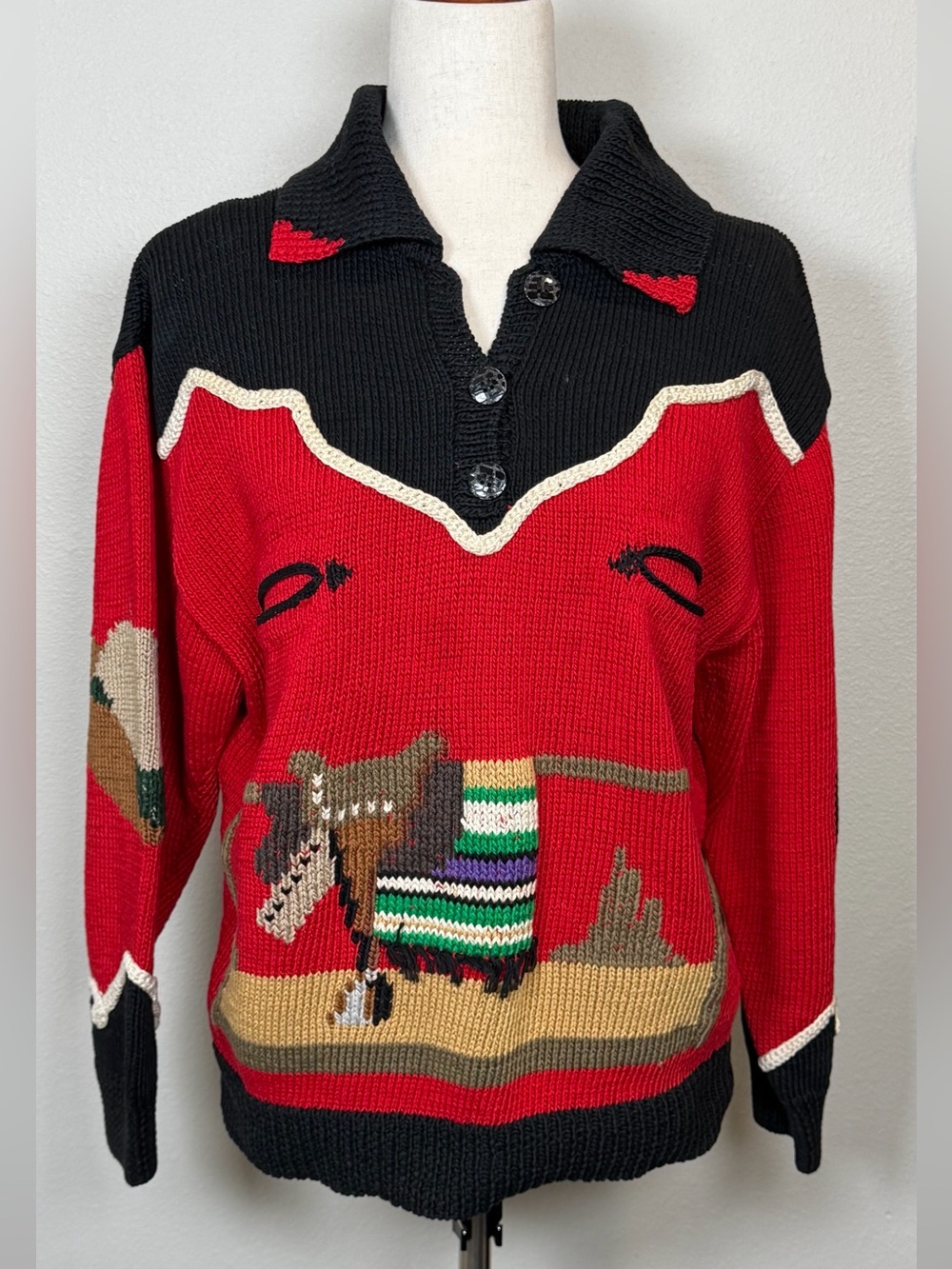 Vintage 80’s Berek Label Cowboy Rodeo Western Hand Knit Sweater Red Black Medium - Picture 2 of 15